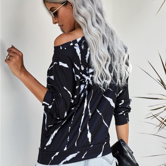 tie dye black white off shoulder long sleeve top - Picture 4 of 4